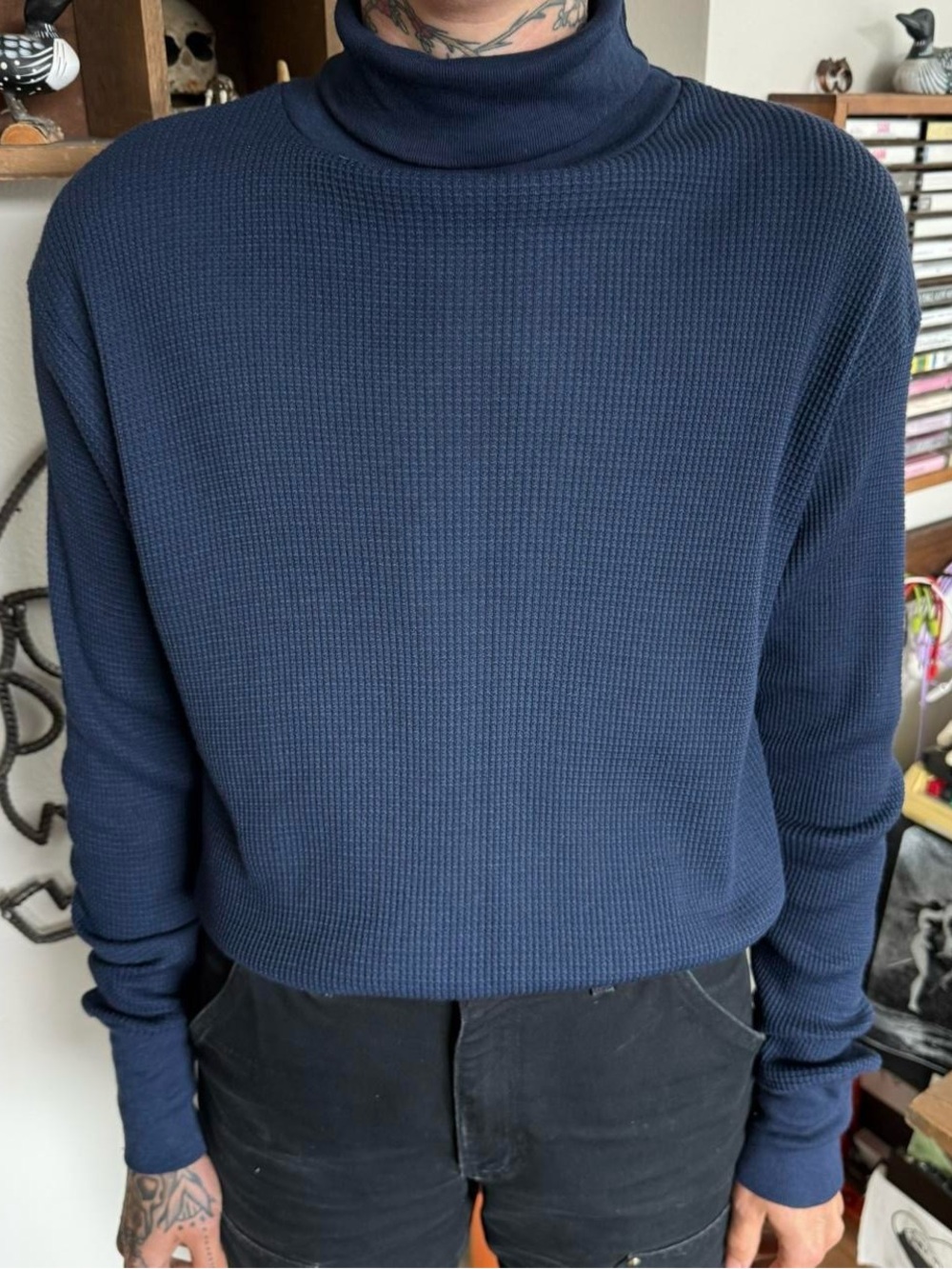 Vintage 80s NOS Navy Blue Waffle Thermal Turtleneck ~ Size XL
